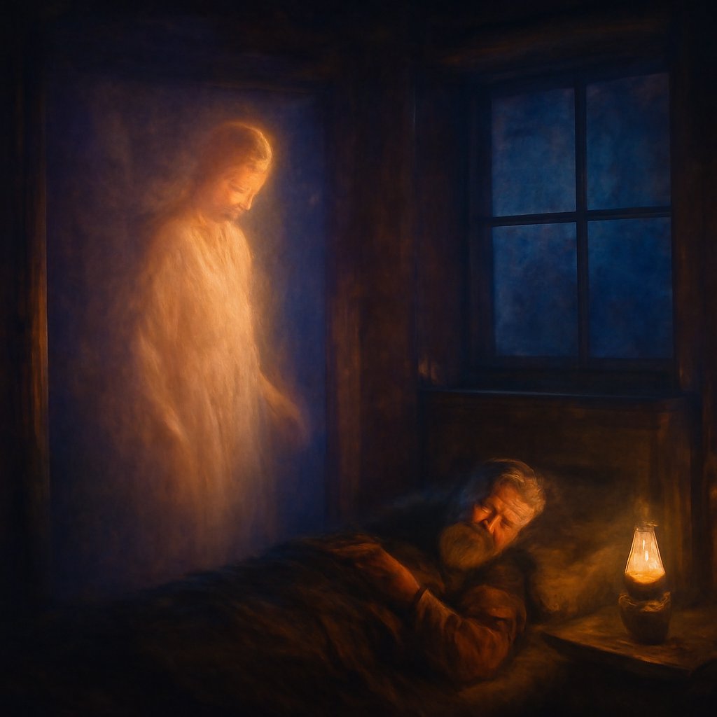 A warm being of light standing at a candlelit bedroom doorway beside a sleeping elderly figure, depicting a folkloric angelic encounter at a bedside.