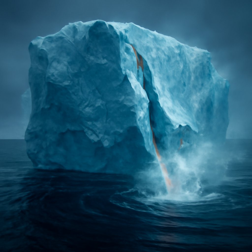 A towering Antarctic iceberg calving, a fresh fracture splitting its flank as the submerged ice grinds the seabed and shockwave rings spread through cold water