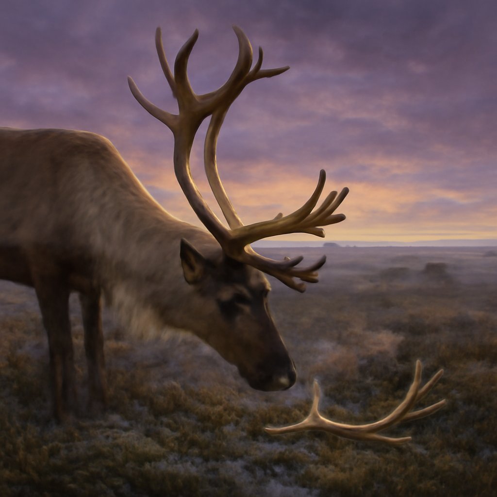 A fully antlered female caribou on Arctic tundra lowering her head toward a shed antler in the snow, the only deer where female antlers are evolved