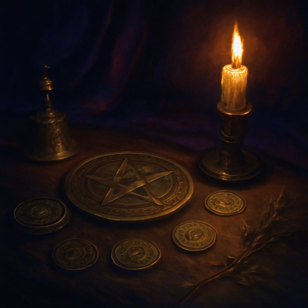 A ceremonial magician's candlelit table with engraved brass sigil-discs, a circular lamen, compass, and hand-bell arranged on dark velvet in warm gold light