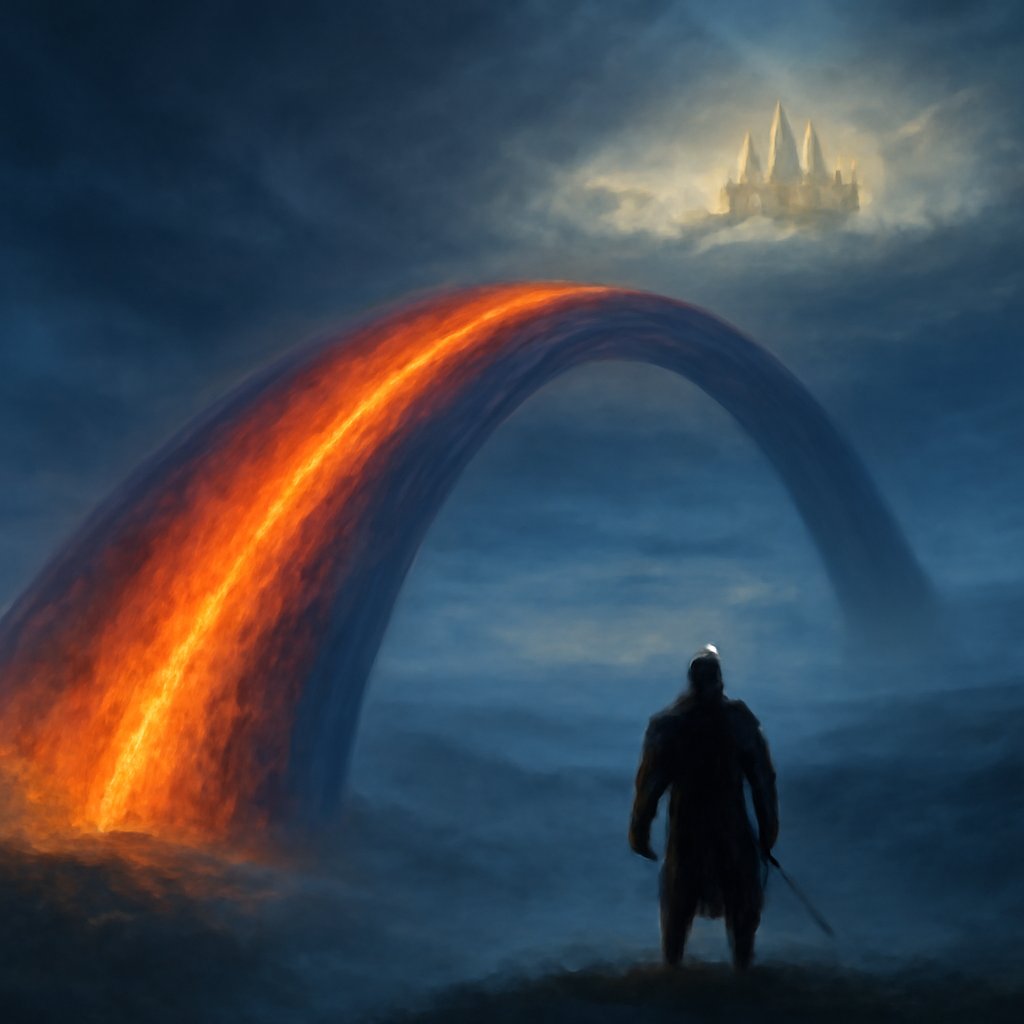 The burning rainbow bridge Bifrost arcing from a misted earth up to the distant golden citadel of Asgard with a lone watchman at its foot