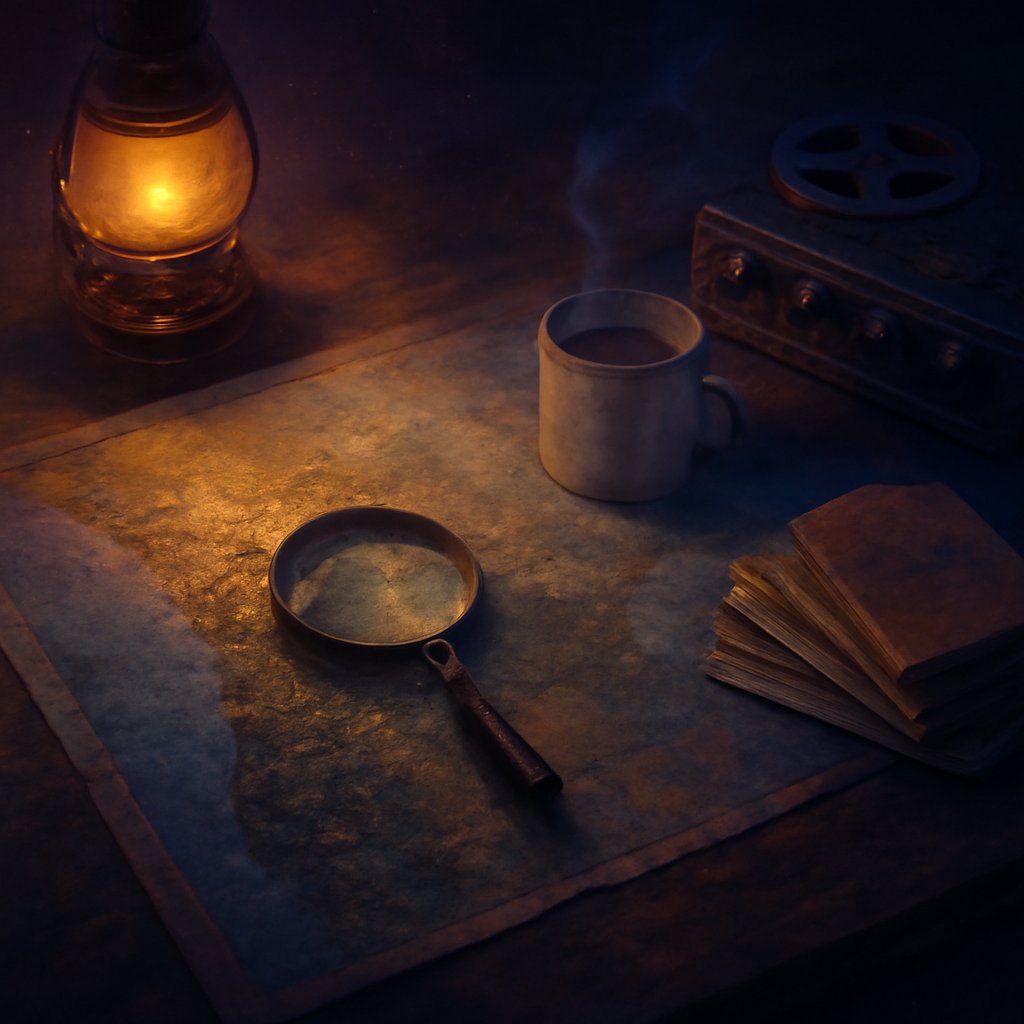 A lamplit field-research desk with a Pacific Northwest map pinned with Bigfoot sighting clusters, a recorder, and dated interview notebooks