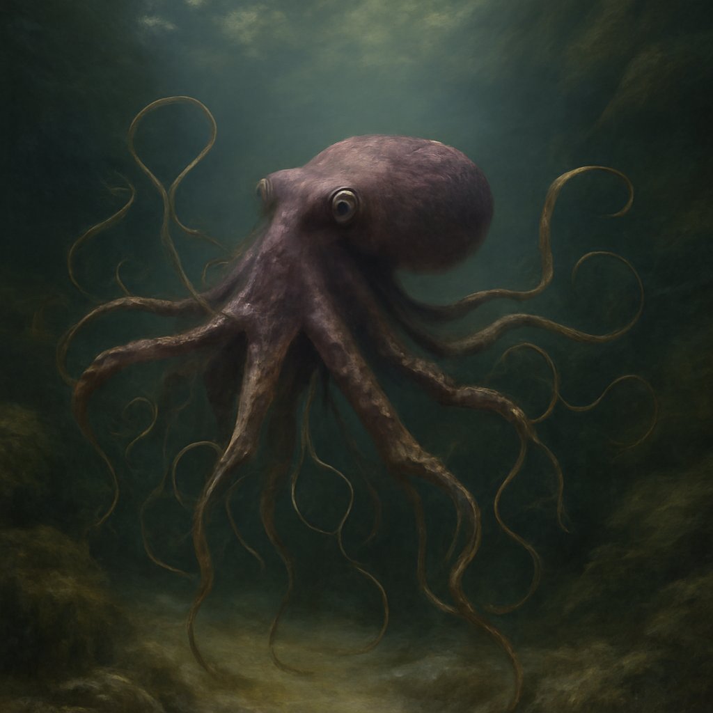 A common octopus in a tide pool whose eight arms branch into many slender extra limbs, suckers catching low natural light.
