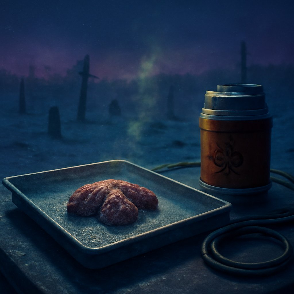 A frozen steel tray holding preserved 1918 lung tissue under cold lab light, set against an Alaskan permafrost gravesite at Brevig Mission in arctic dusk.