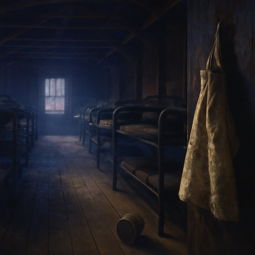 Empty iron bunks in a 1918 Camp Funston army barracks under cold Kansas light, with a cook's apron and overturned tin cup marking the first reported flu case.