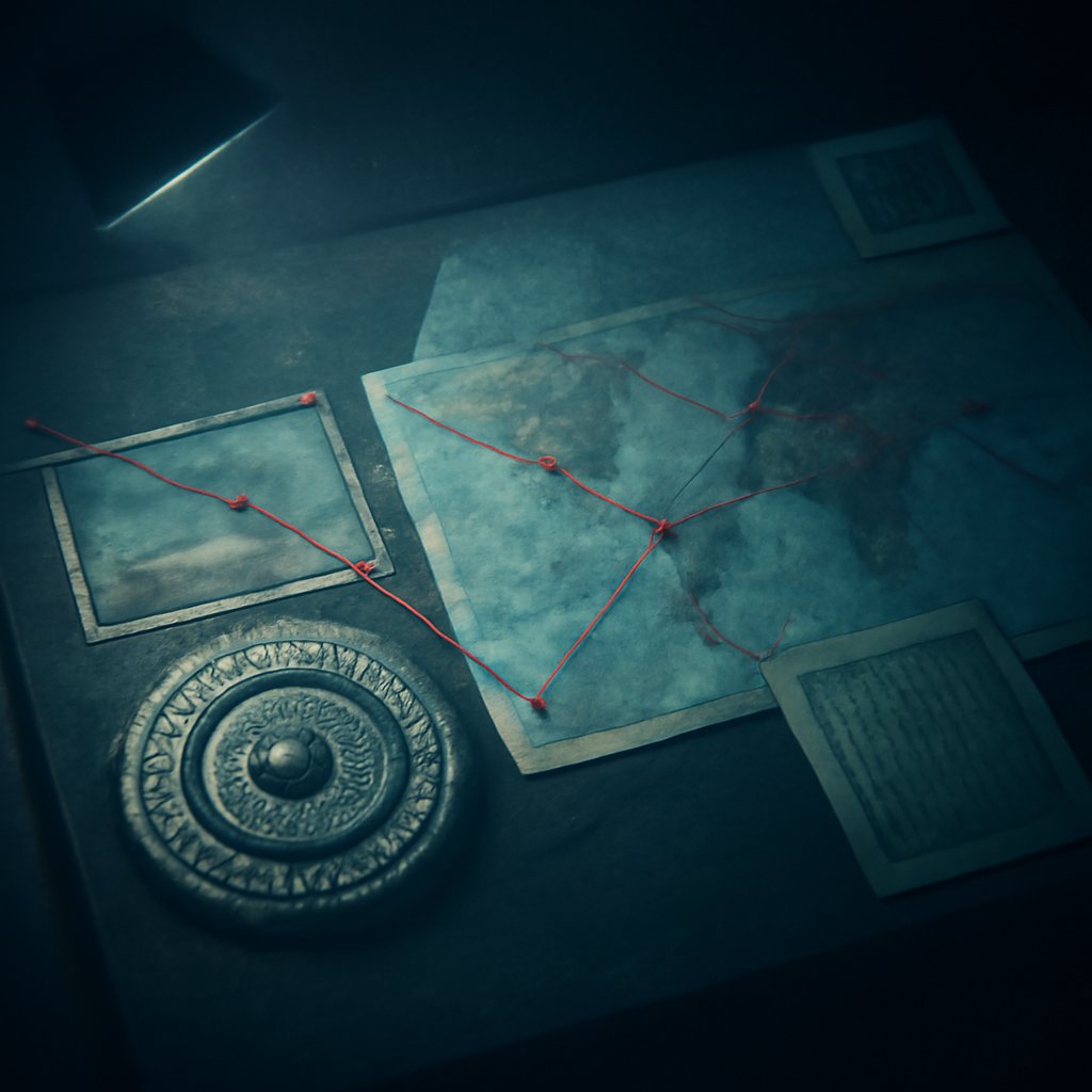An overhead forensic desk reconstructing the Cicada 3301 first-puzzle clue chain, with a cipher wheel, steganography readout, a pinned world map, and a QR poster.