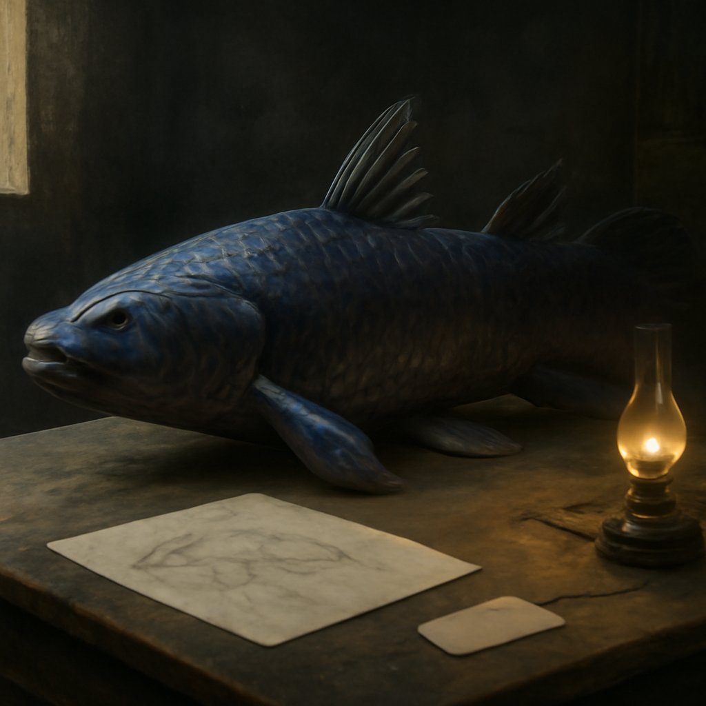 A steel-blue coelacanth specimen laid on a scarred wooden table in a 1938 museum back-room, lit by a single lamp beside a half-finished pencil outline of the fish