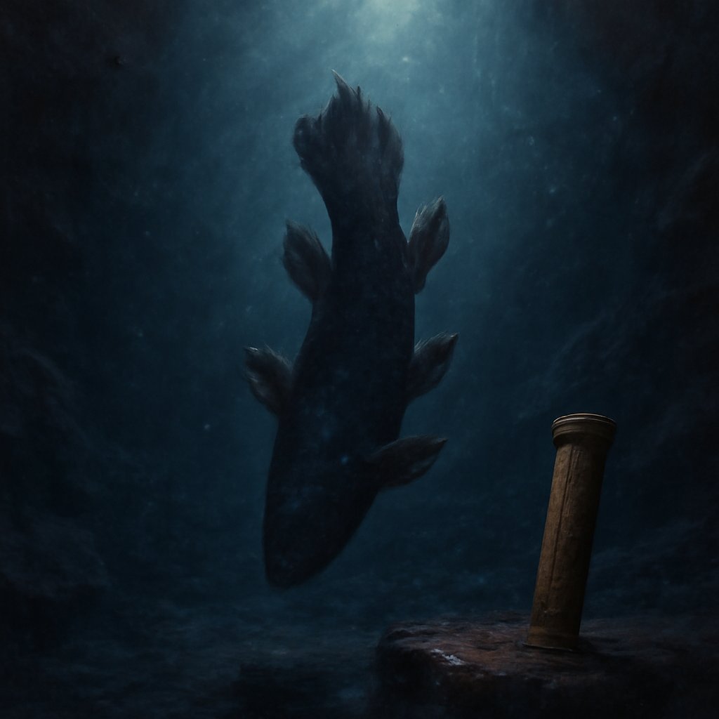 A coelacanth performing its nose-down headstand in a dark volcanic cave around two hundred meters deep, lit by a faint shaft of light through deep blue water