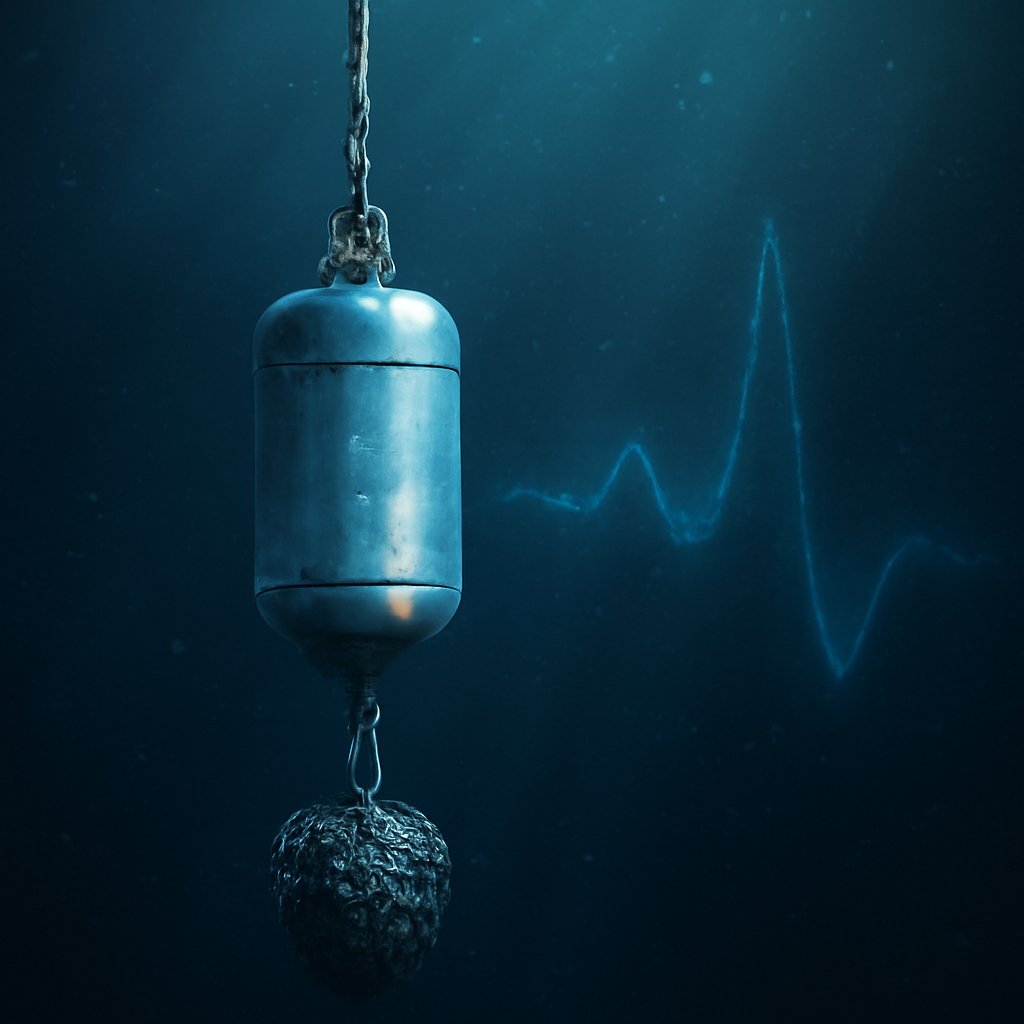A deep-ocean hydrophone on a steel cable in dark mid-water, a rising acoustic waveform glowing beside it, lit by a single cold key light