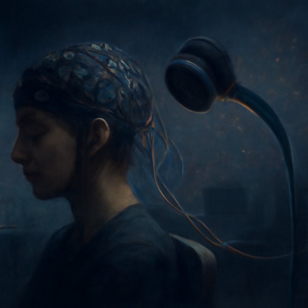 An EEG electrode cap and a transcranial magnetic stimulation coil on a participant, with faint phosphene flashes, depicting the 2014 brain-to-brain telepathy interface