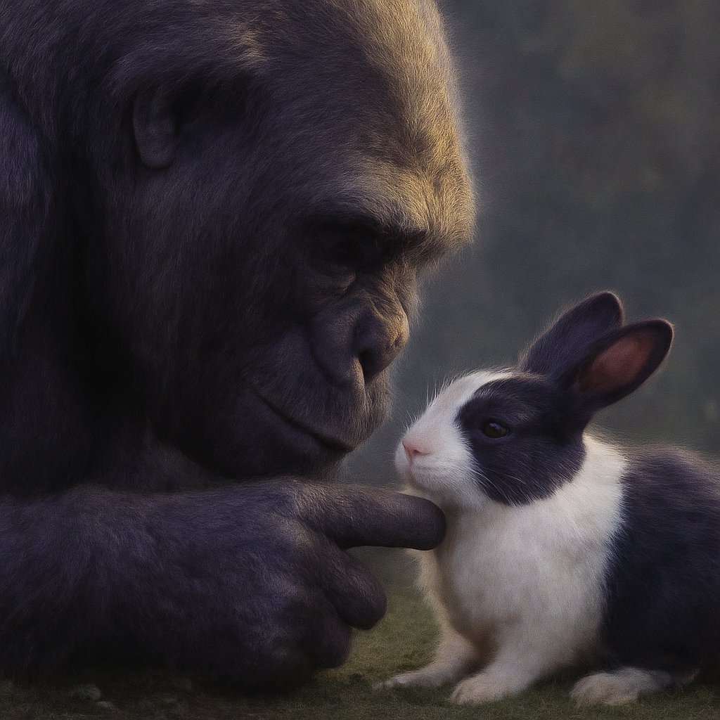 An elderly gorilla gently scratches a small black-and-white rabbit under the chin on a bed of moss, a quiet example of cross-species affiliative grooming.