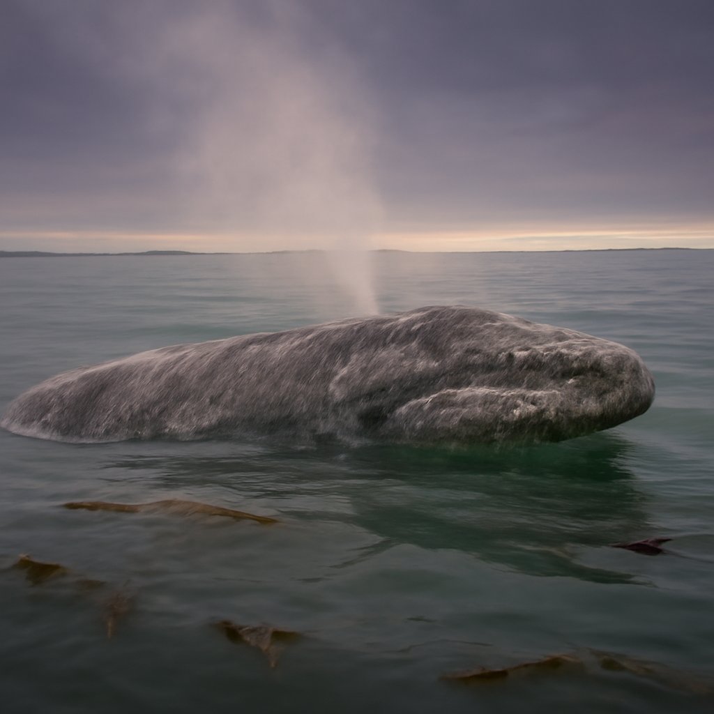 An undernourished gray whale surfacing in cold Arctic feeding waters during the gray whale Unusual Mortality Event, ribs faintly showing along its flank.