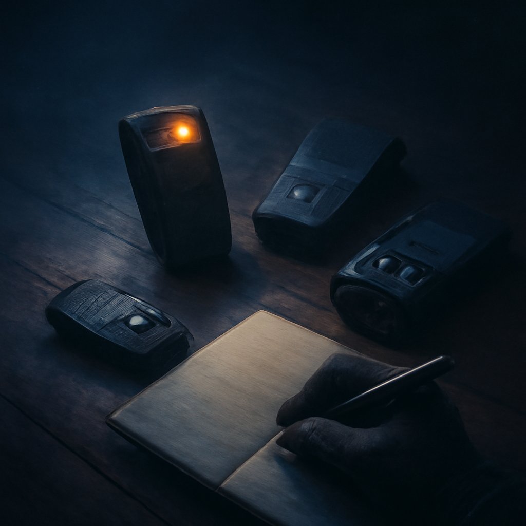 A K-II EMF meter, digital recorder, spirit box, and thermal camera arranged on an old wood floor beside a field notebook during a night investigation