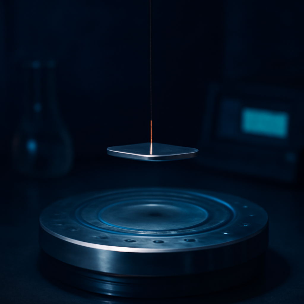 A torsion-balance pendulum suspended on a thin fiber above a rotating perforated attractor disk used to test gravity at sub-millimeter distances for extra dimensions.