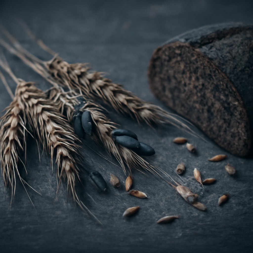 Macro view of rye ears bearing dark ergot fungus beside a torn loaf of rye bread on weathered wood, illustrating the contested ergot-poisoning theory.