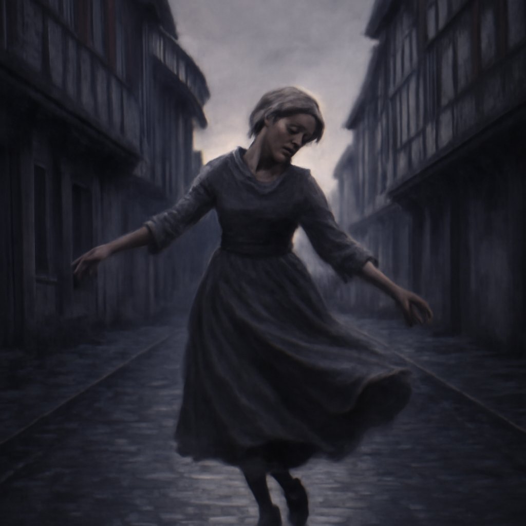 A lone barefoot woman in 16th-century peasant dress dancing alone and exhausted at dawn in an empty, rain-slicked Strasbourg street of half-timbered houses.