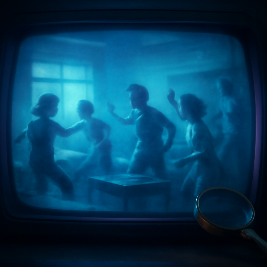 Figures frozen mid-pose preserved inside a glowing archived video frame on a CRT screen, the surviving first post of a clean-catch viral challenge