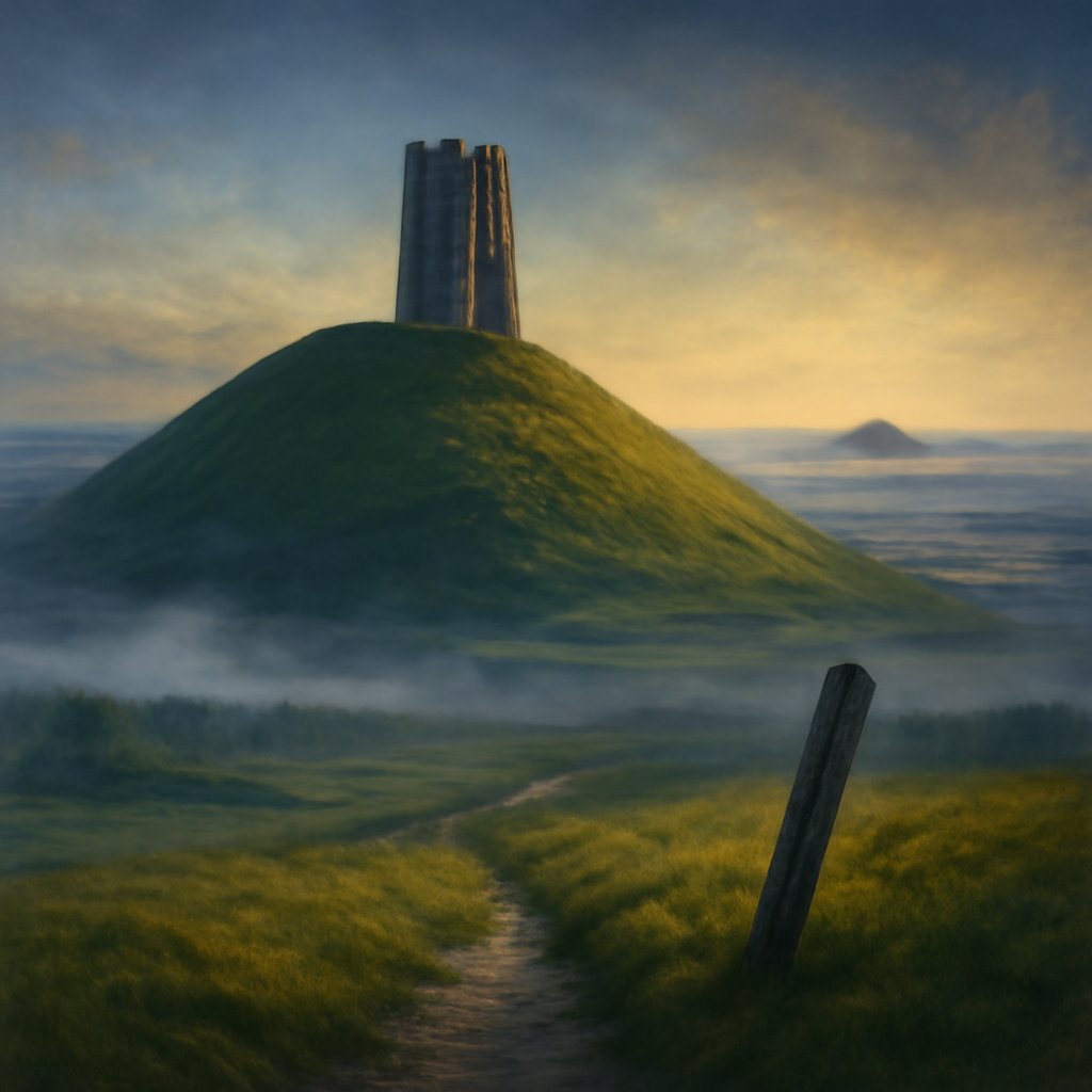 Glastonbury Tor with the ruined St Michael tower at golden hour above misty Somerset levels, a sunlit corridor running southwest along the claimed St Michael's ley line