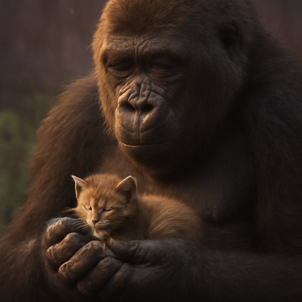 A gorilla cradles a small kitten in cupped hands against its chest, illustrating the gorilla capacity for cross-species attachment and gentle care.