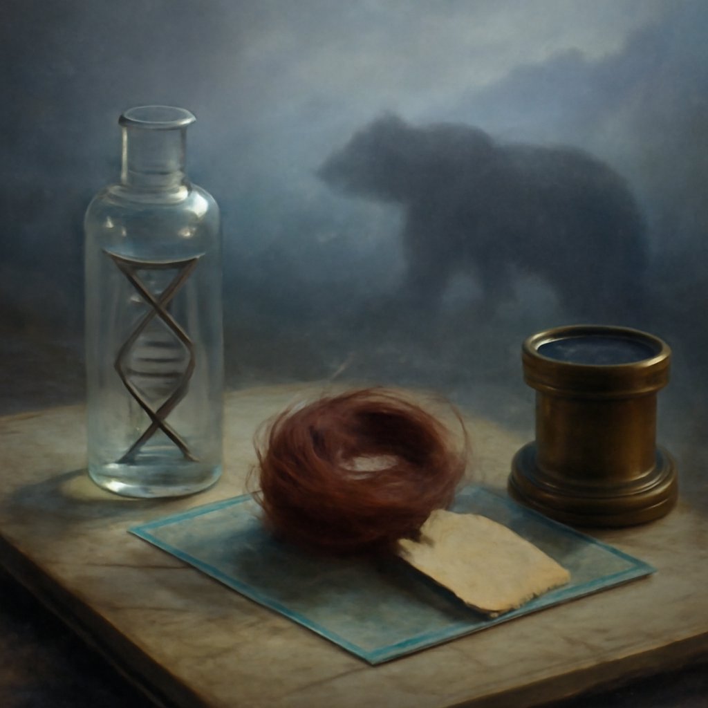 A glass vial and microscope slide holding coarse brown bear hair on a field notebook, with a faint Himalayan brown bear and snow ridge behind, evoking the Yeti DNA result