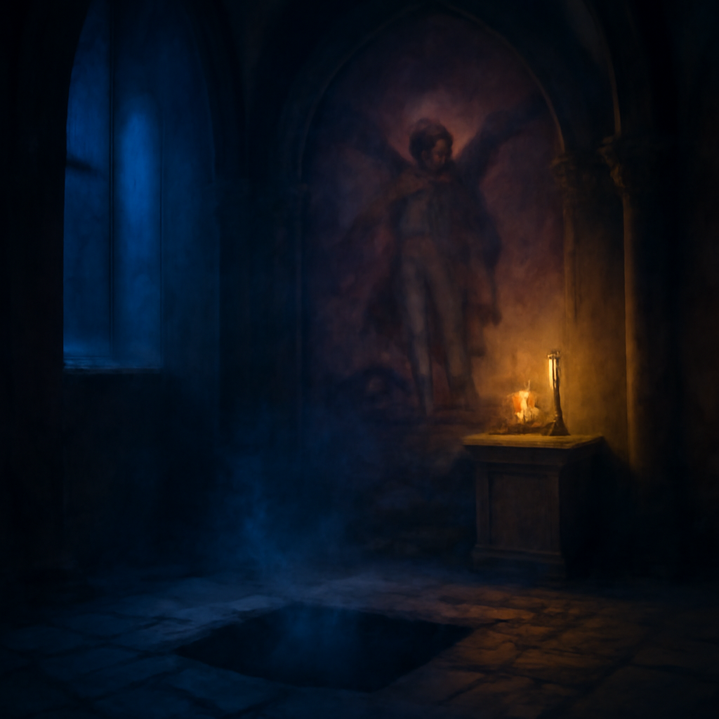 The chapel of Houska Castle with a sealed pit beneath a faded Archangel Michael fresco, lit by a cold shaft of moonlight, in painterly chiaroscuro.