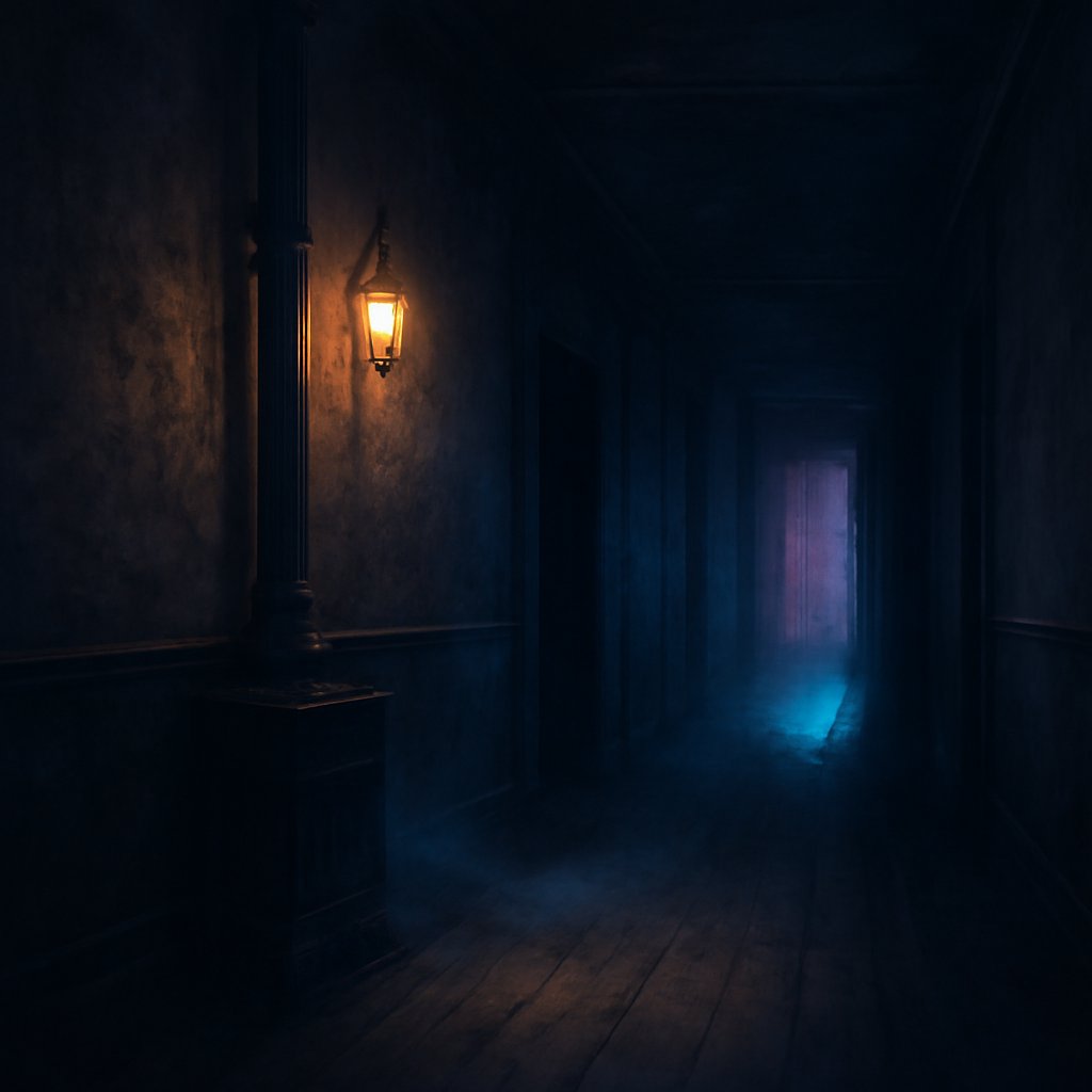 A dim empty Victorian corridor with a cold blue draft pooling near an old furnace grate and extractor vent, suggesting an ordinary cause for a haunting