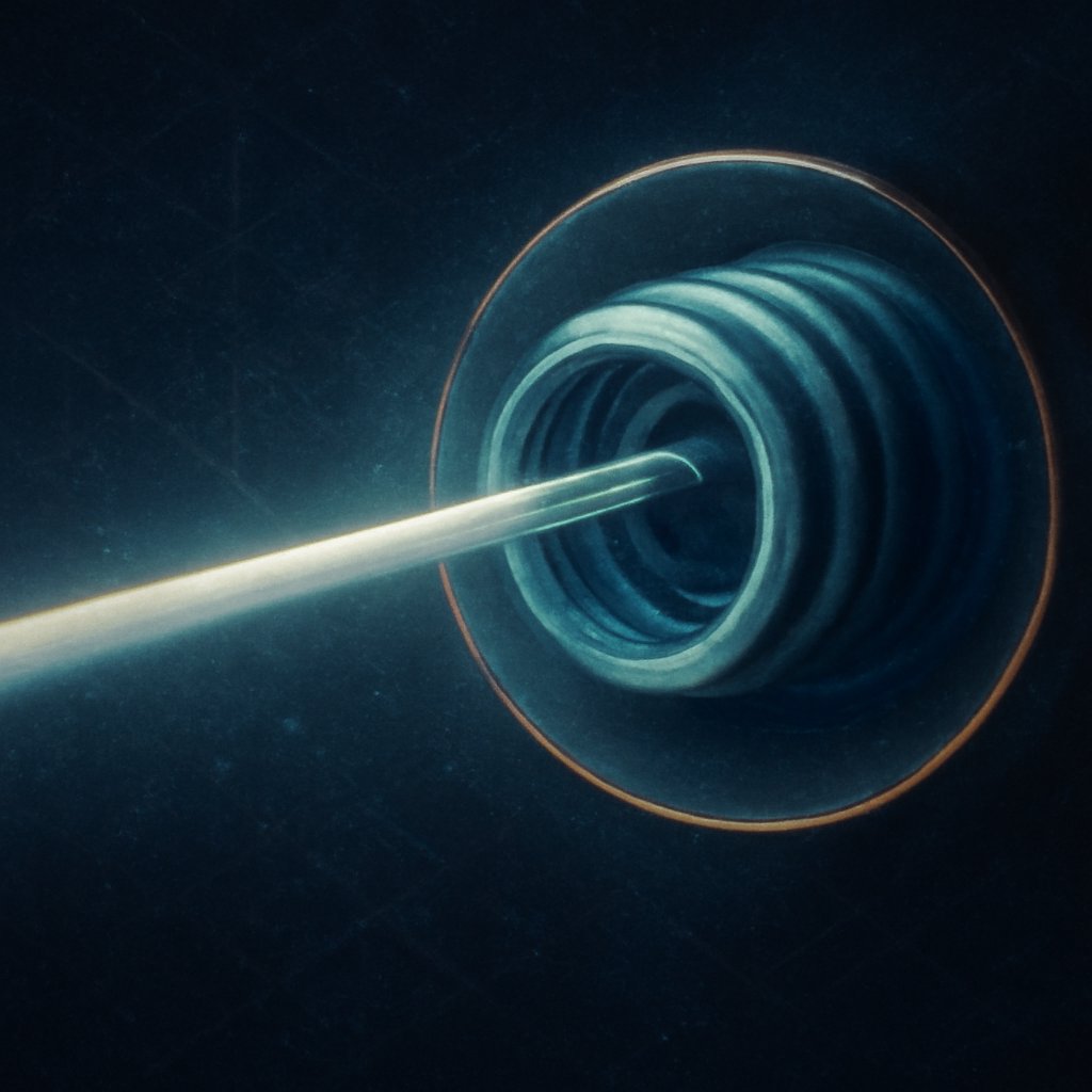 Conceptual diagram of Kaluza-Klein compactification showing a line of space resolving into a tightly curled hidden fifth dimension under magnification.