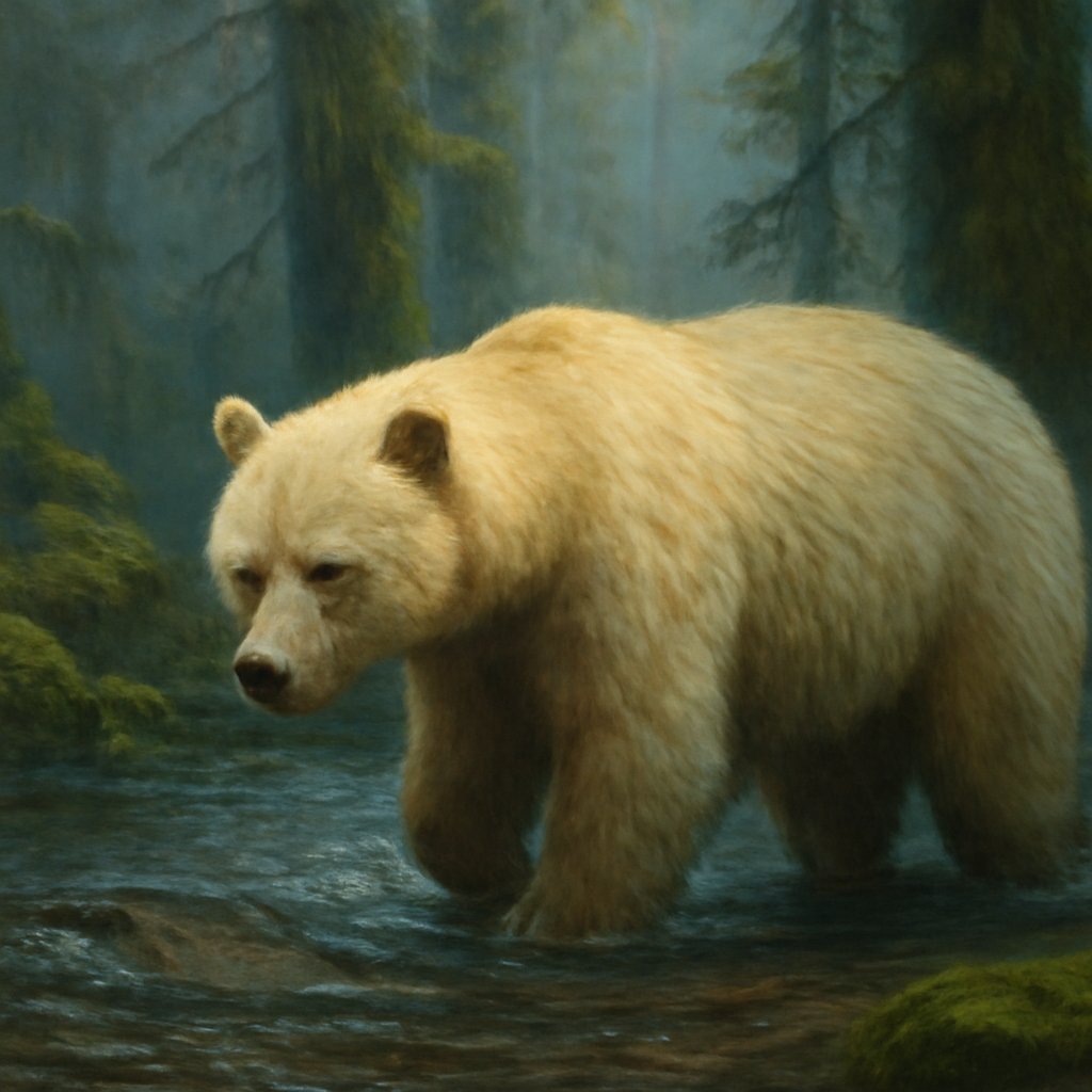 A white Kermode spirit bear with dark eyes fishing salmon in a misty rainforest stream, showing leucism behind albino animal legends