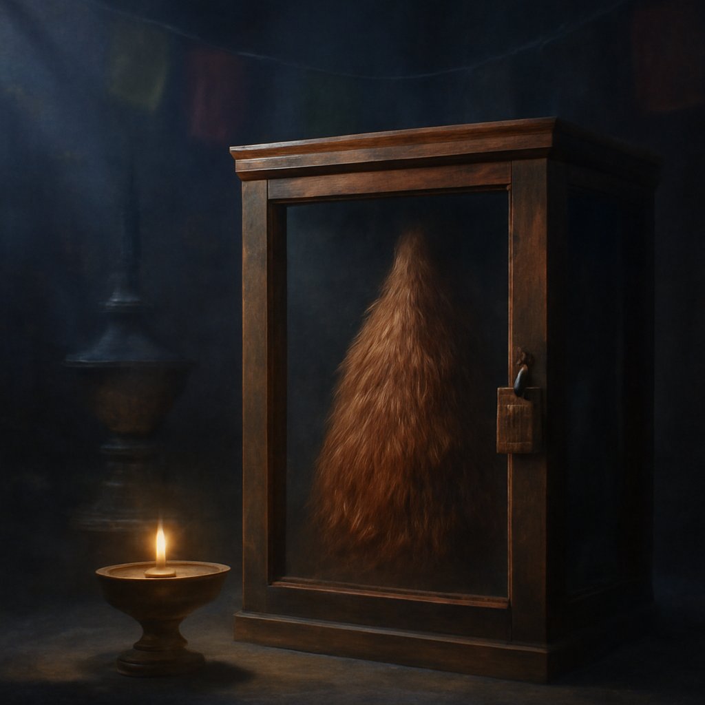 A conical reddish-brown Yeti-scalp relic in a padlocked glass case inside a dim monastery, lit by butter-lamps and framed as a sacred guardian charm