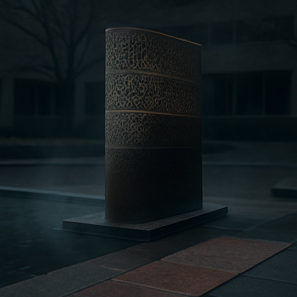 The S-shaped copper Kryptos screen in a CIA courtyard, three upper cipher bands lit while the lowest band falls into shadow.