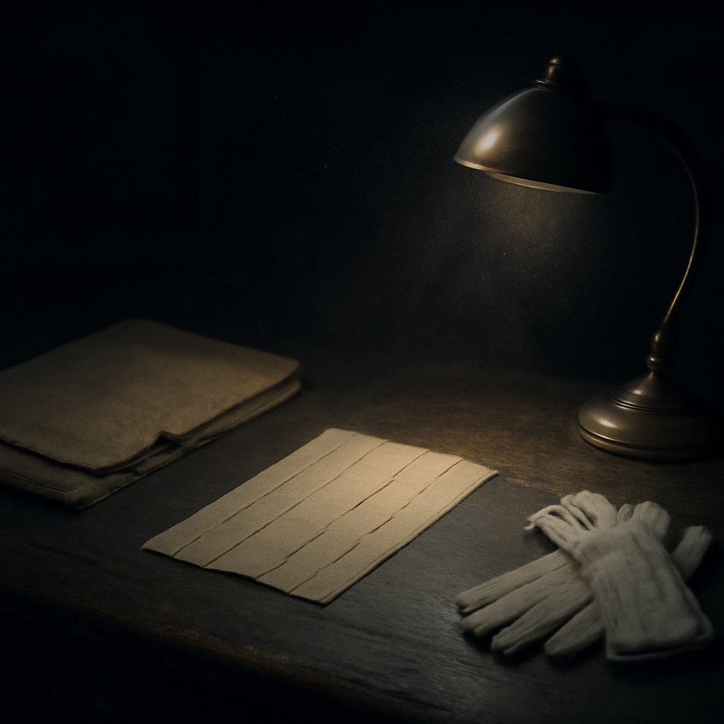 Five paper strips taped back into one sheet on an archive table under a brass lamp, beside a manila folder and conservation gloves.