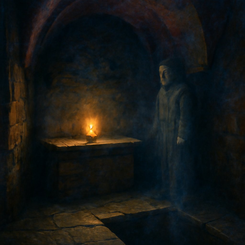 The Bloody Chapel of Leap Castle with an open oubliette pit in the corner and a faint grey priest figure beside a stone altar in painterly chiaroscuro.