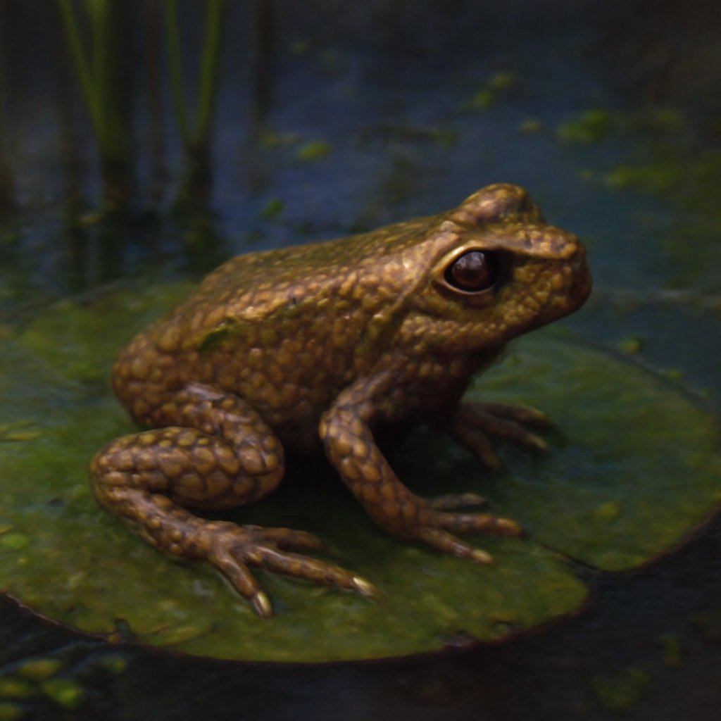 A juvenile treefrog on a lily pad with three malformed hind legs, faint parasite cysts visible near its pelvis at a quiet pond edge.