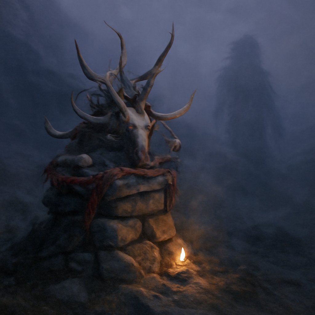 A fog-bound Himalayan hunt-shrine of mani stones, antlers, and a butter-lamp, with a tall shaggy figure barely visible in the glacier mist behind