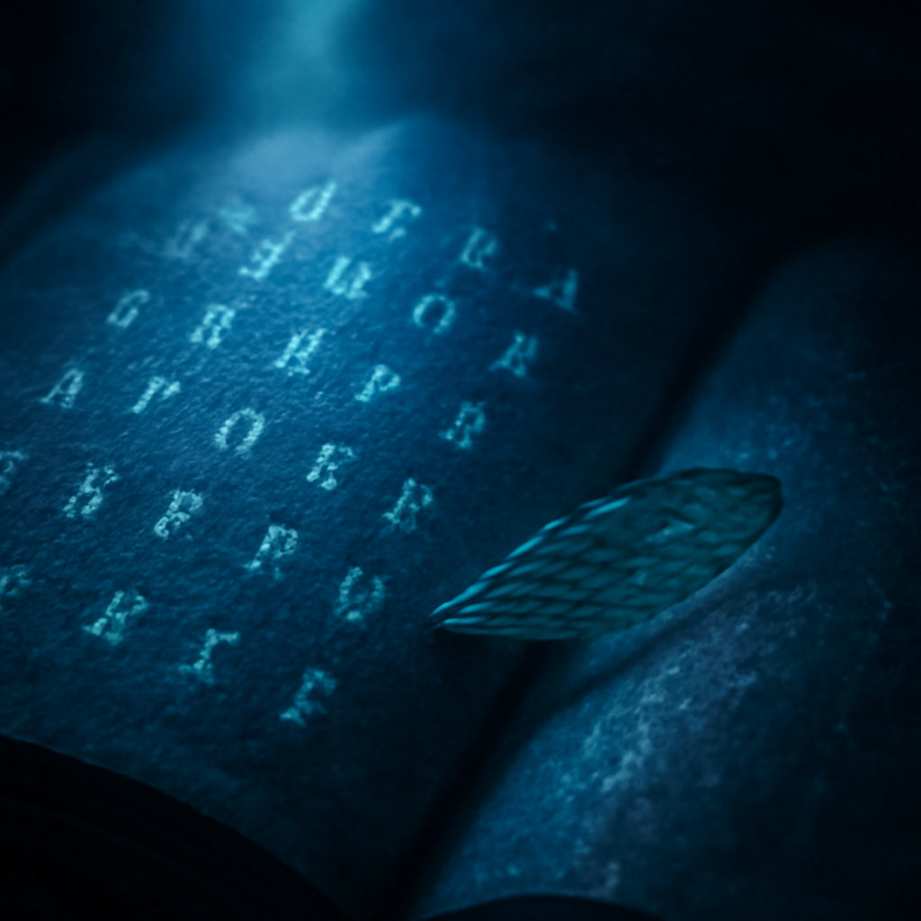 A glowing open page of the unsolved Liber Primus runic manuscript, half its Gematria Primus symbols resolved and half dissolving into cryptographic static, with a cicada wing.