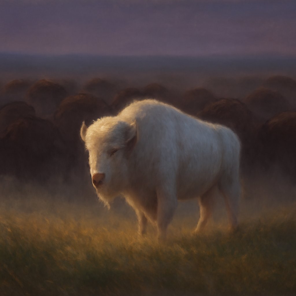 A single white bison stands out vividly among a dark brown herd on a twilight prairie, the lone pale animal drawing the eye through rising dust.