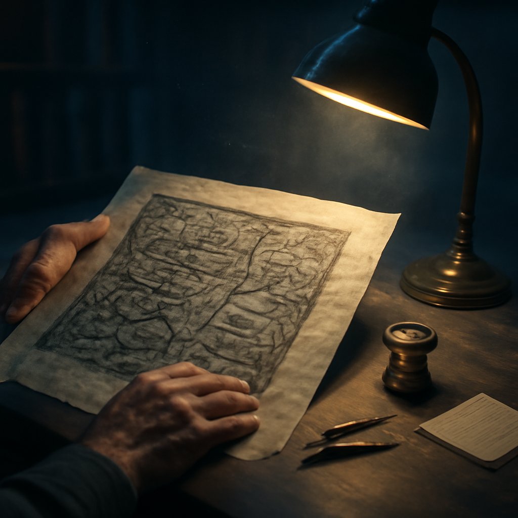 A Maya epigrapher's hands reading a paper rubbing of a carved glyph panel under an archive lamp, with a loupe and notes nearby