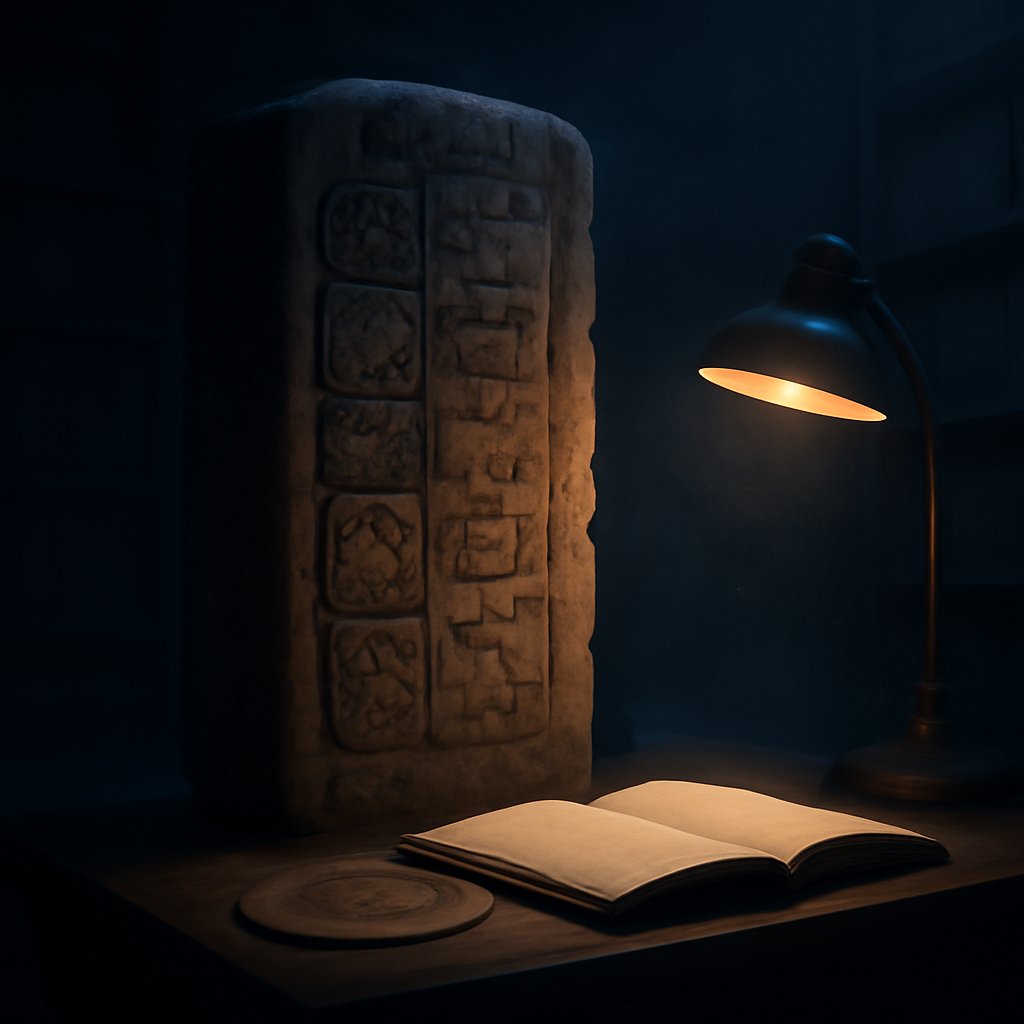 A carved Maya stone stela of Long Count numerals lit by a single archive lamp, showing the 2012 baktun date as a calendar rollover