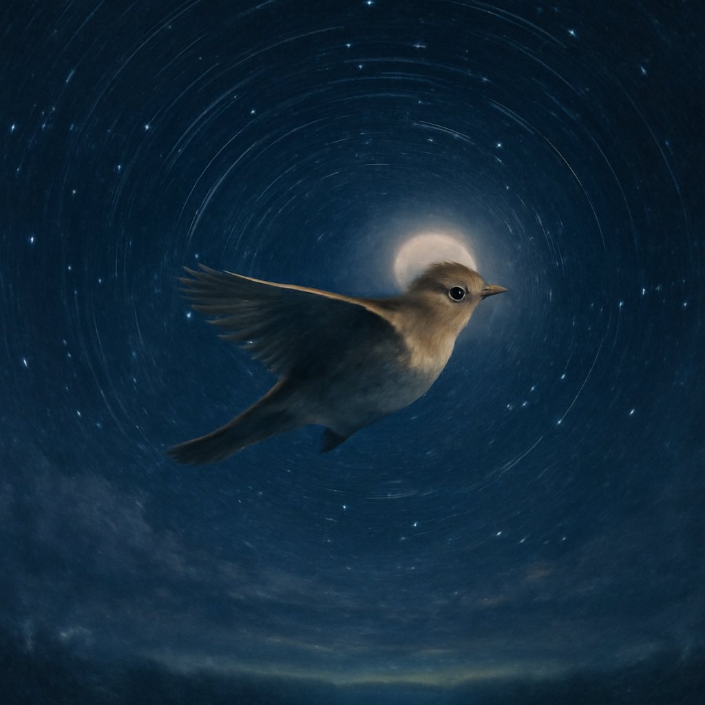 A single migrating songbird flying beneath star-trails circling the celestial pole, evoking the star compass and magnetic navigation