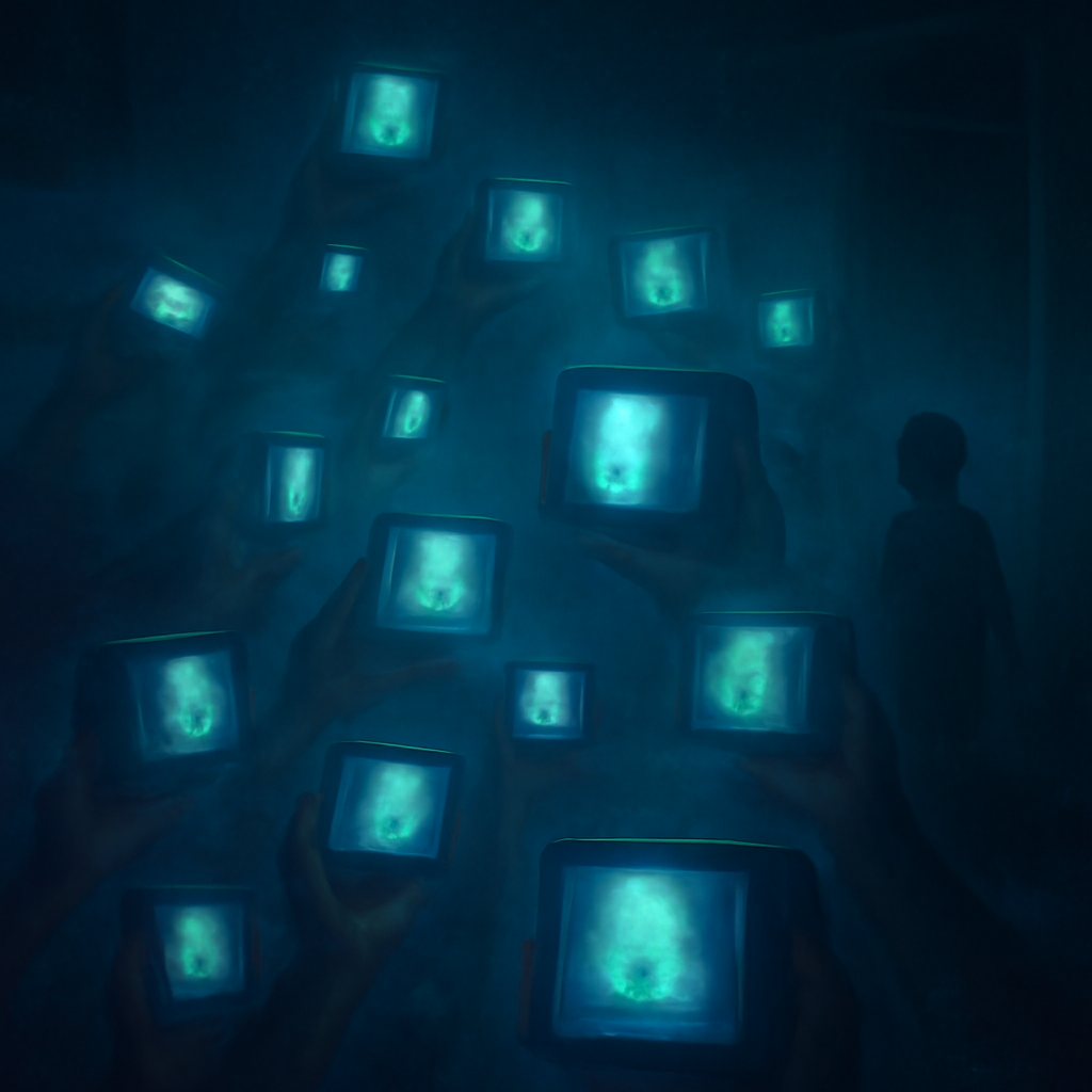 Many hands holding glowing phones relaying the same cropped image outward in the dark, visualizing how Momo Challenge warnings spread as a moral panic.