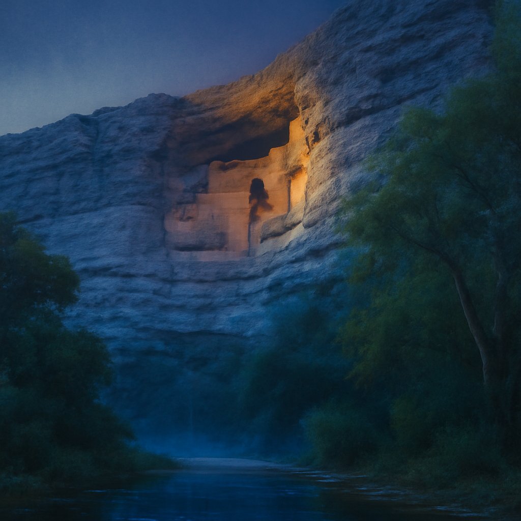 Montezuma Castle, a five-story Southern Sinagua cliff dwelling high on a limestone cliff above Beaver Creek in Arizona's Verde Valley at blue hour