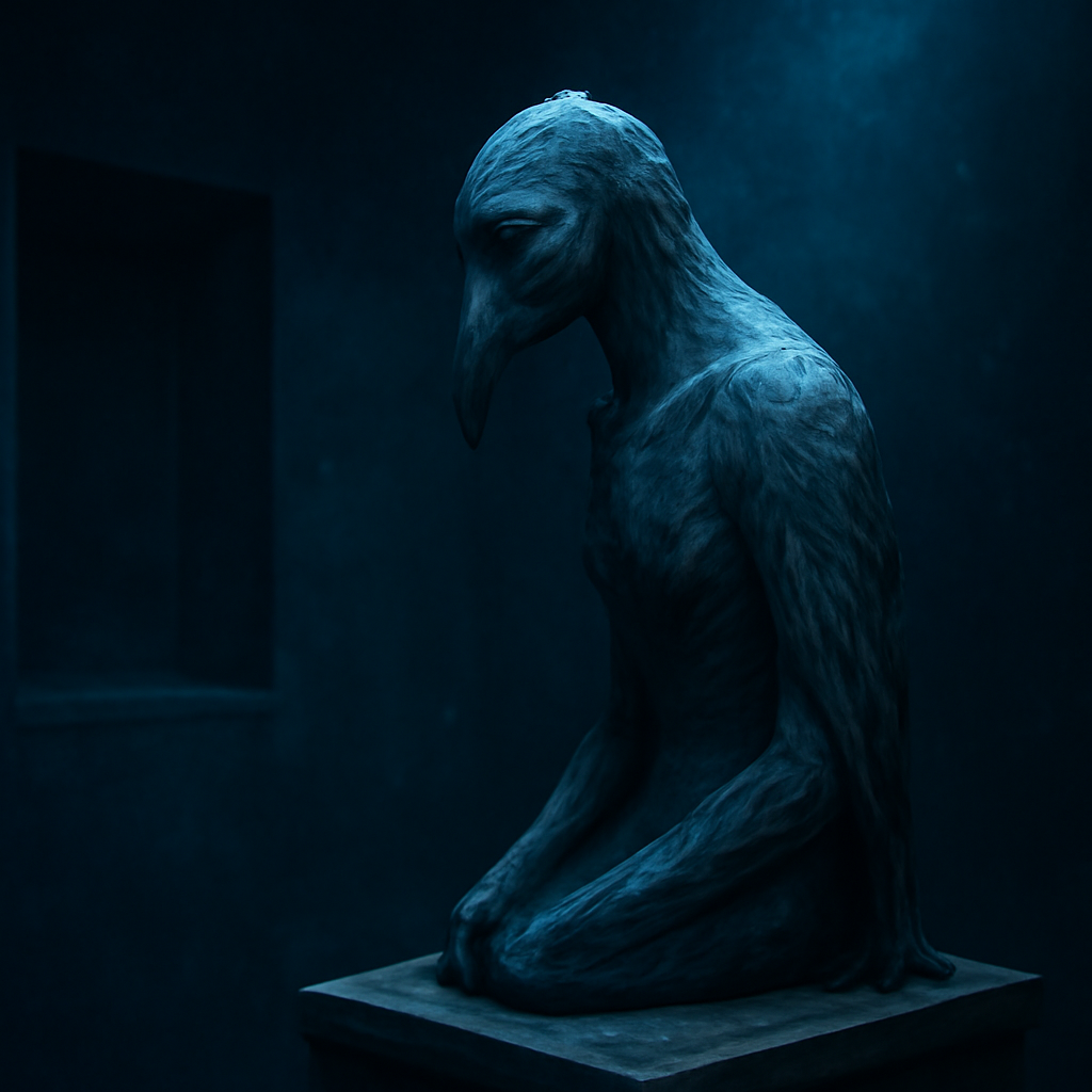 A bird-bodied ubume horror sculpture on a wooden gallery plinth under a single cool museum spotlight, shown as the real origin of the Momo Challenge face.