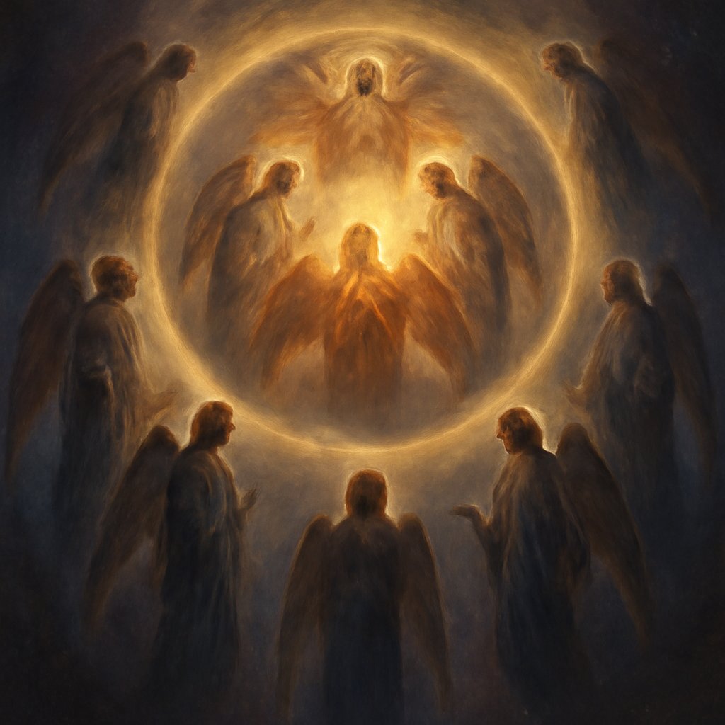 Three concentric rings of luminous angelic figures descending from a central golden light, illustrating the nine orders and three spheres of the celestial hierarchy.