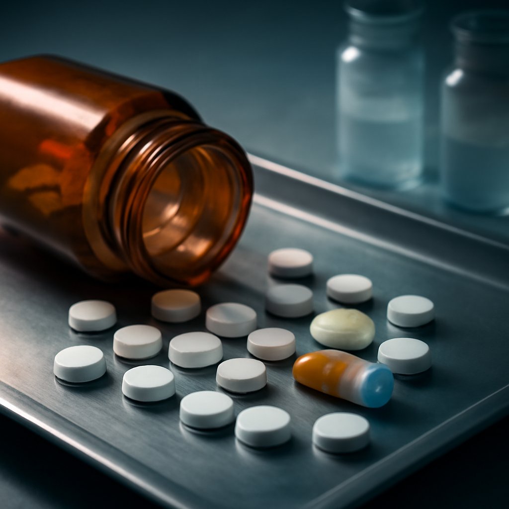 Plain white open-label placebo sugar pills spilling from an amber pharmacy bottle onto a steel tray, with warm and cool capsules set apart to show how presentation shapes response