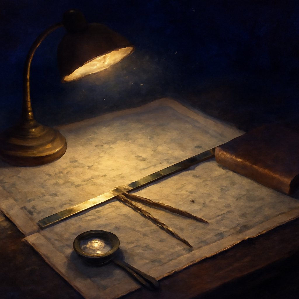 Blue-hour desk scene with brass dividers and a straightedge drawing a single straight line across scattered dots on an Ordnance Survey map, illustrating how ley alignments are constructed