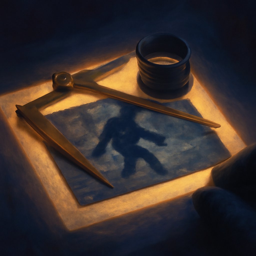 A single Patterson-Gimlin 16mm film frame on a light-box with brass calipers measuring the upright figure's stride in a dim study
