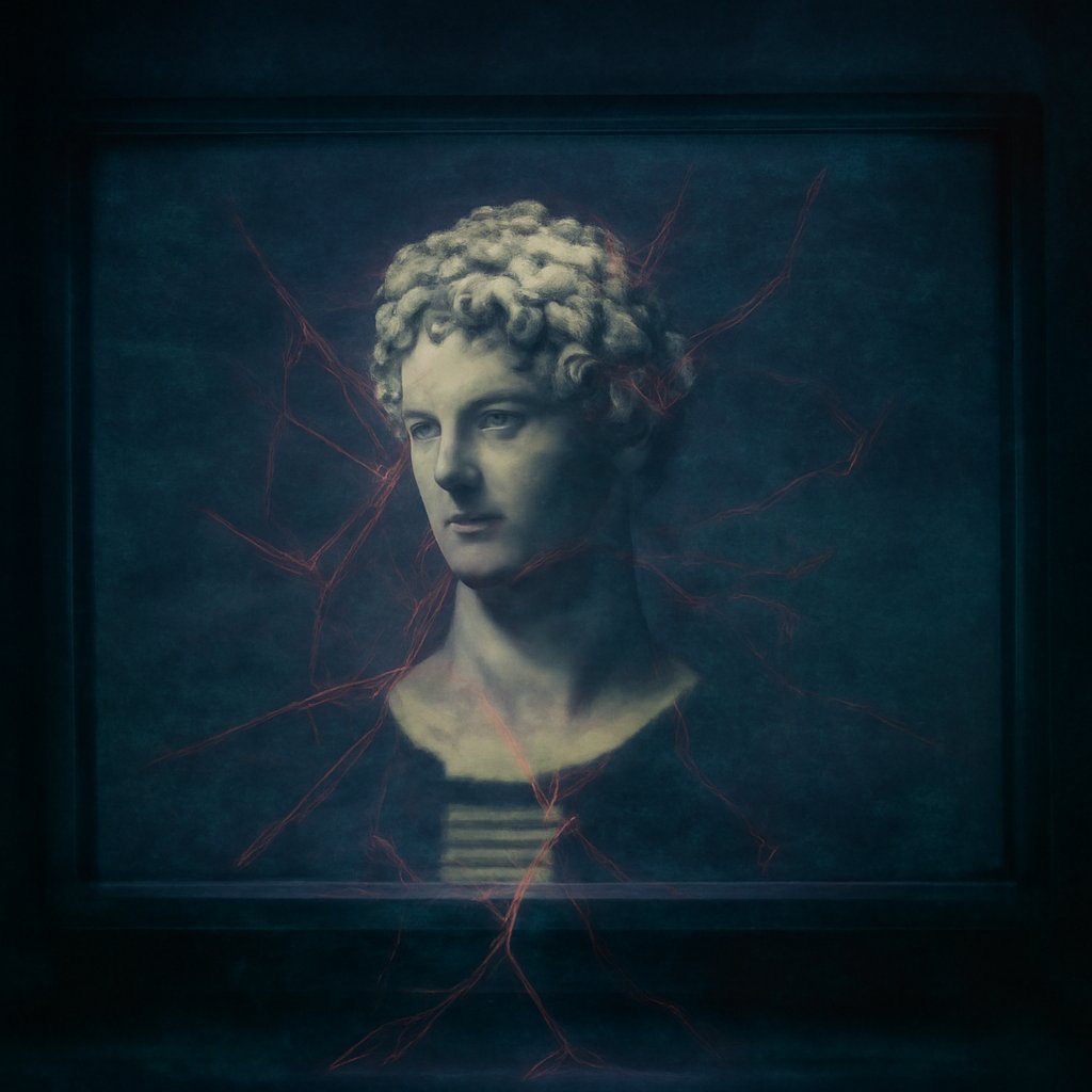 A lone sculpture photo pinned at the root of a thread-map that frays into static, depicting a fabricated viral challenge origin with no real patient zero