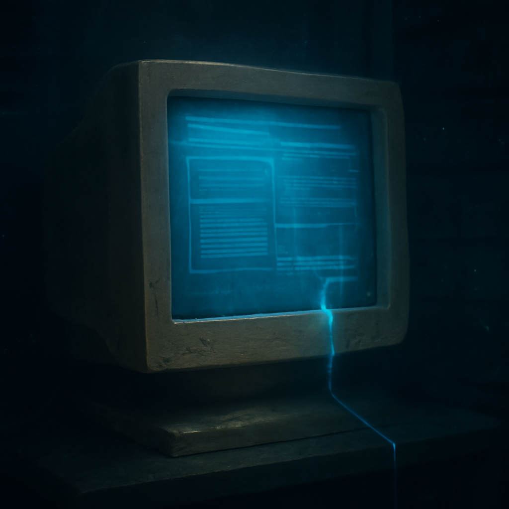 A lone glowing CRT monitor in a dark server closet displaying an abstract archived forum thread, one highlighted post traced by a neon thread of light.