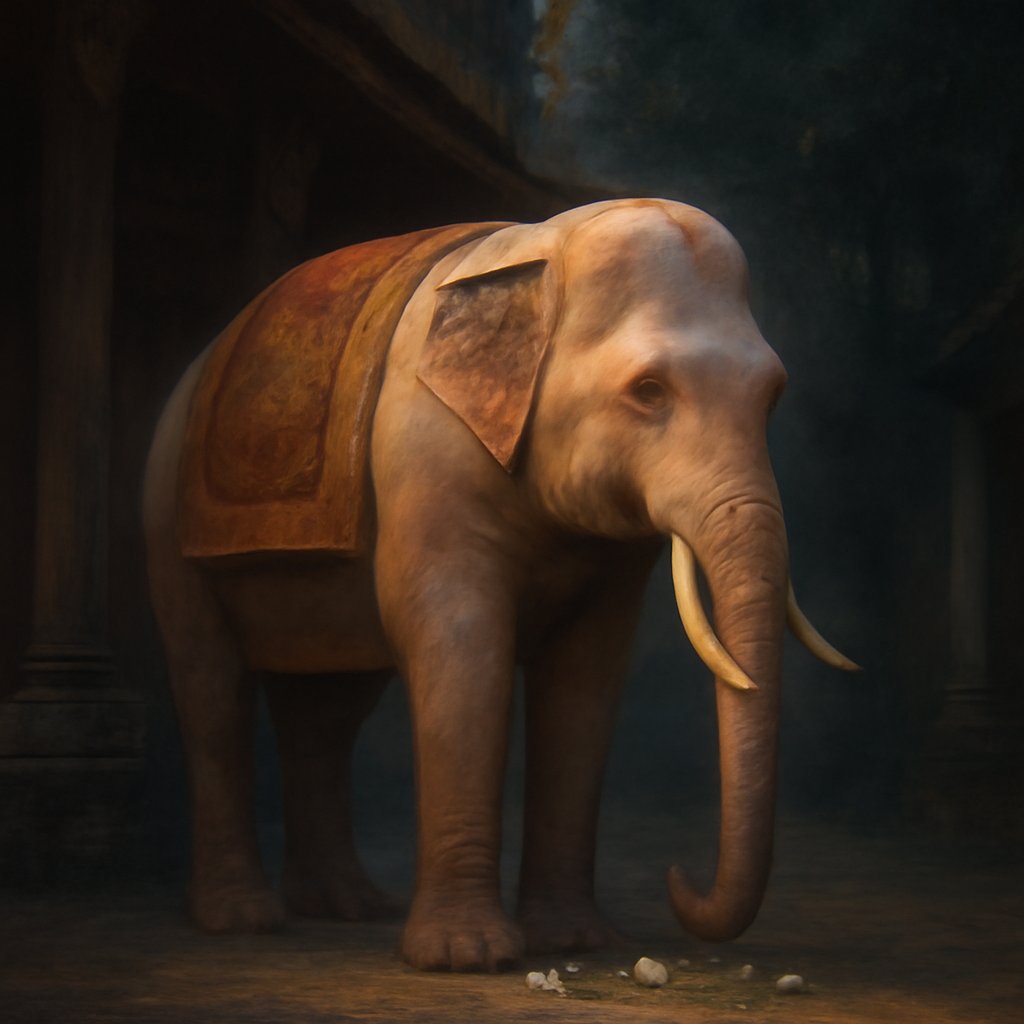 A pale royal white elephant with soft reddish-pink skin in a Thai temple courtyard strewn with white lotus, illustrating sacred white elephant legends