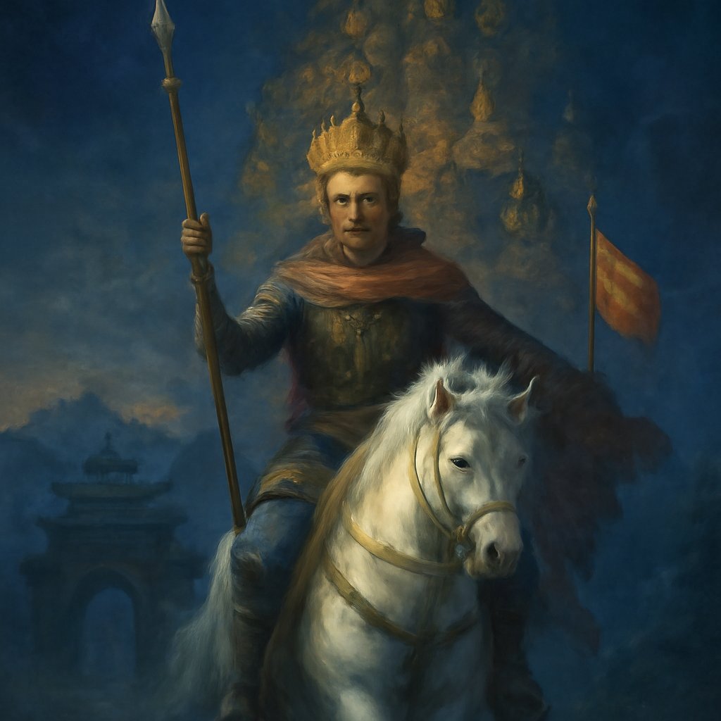Painterly thangka-style scene of Shambhala's final Kalki king on a white horse leading an army from a mountain-ringed citadel under cold dawn light.